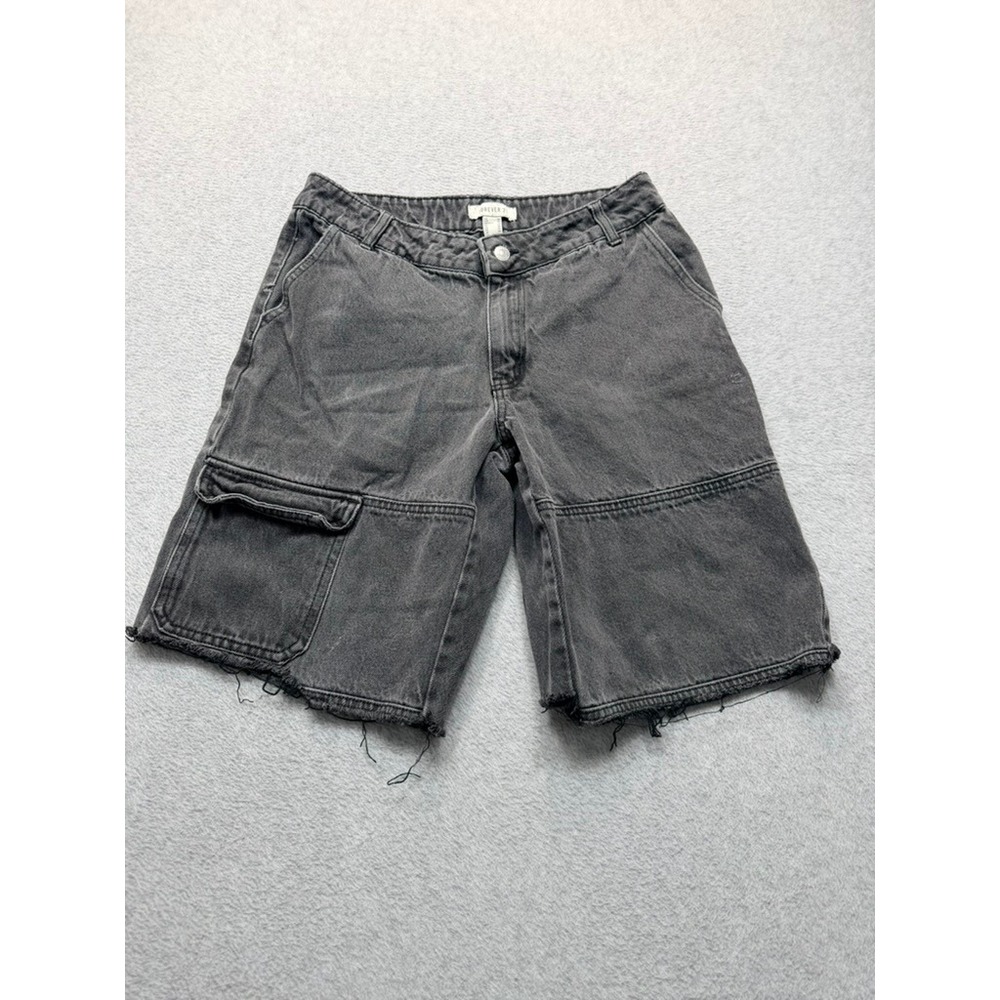 Forever 21 Womens Cargo Denim Shorts Washed Black Grey Raw Hem Size 29